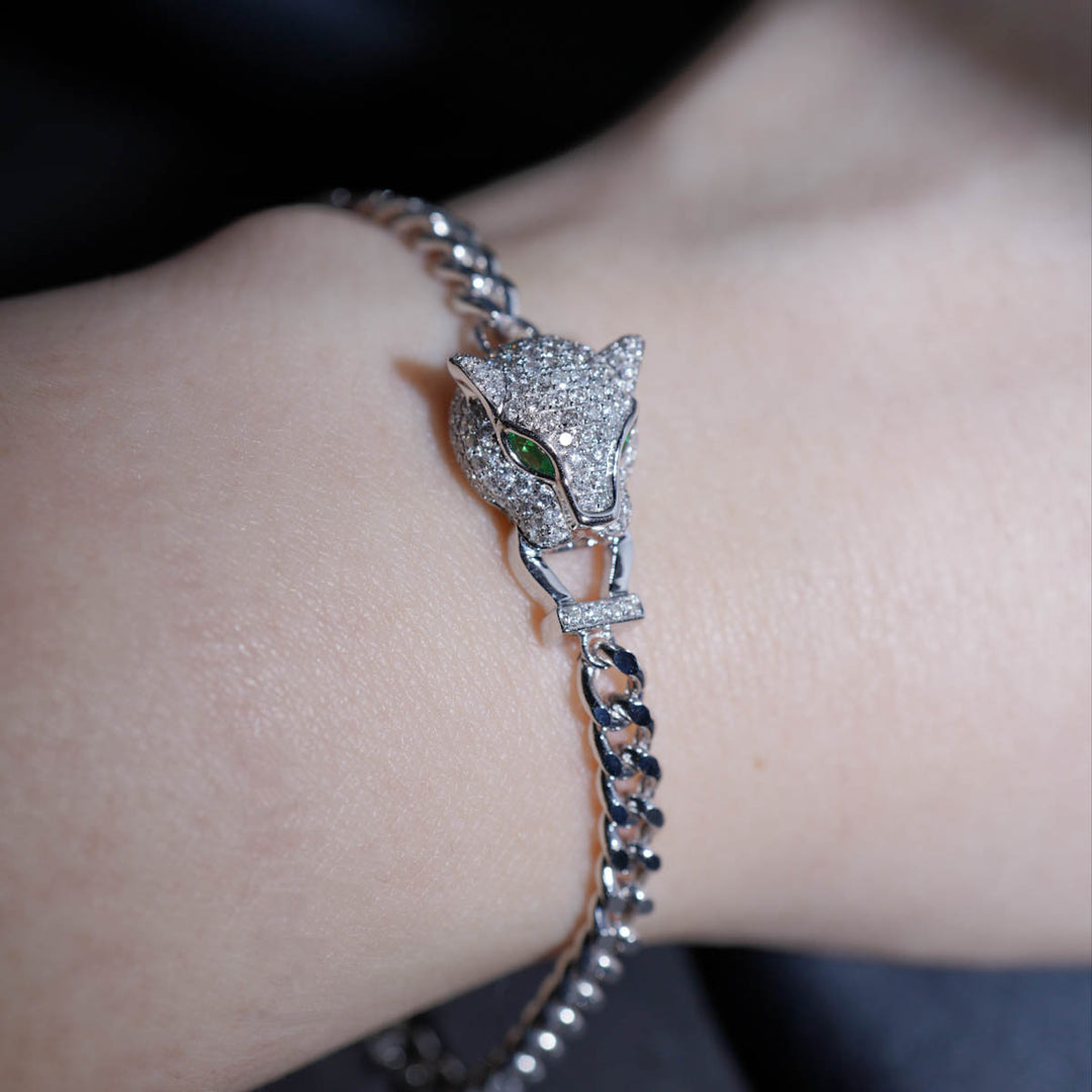 Natural White Diamond Panther Bracelet 0.76ct,Tsavorite 0.10ct 18K Gold