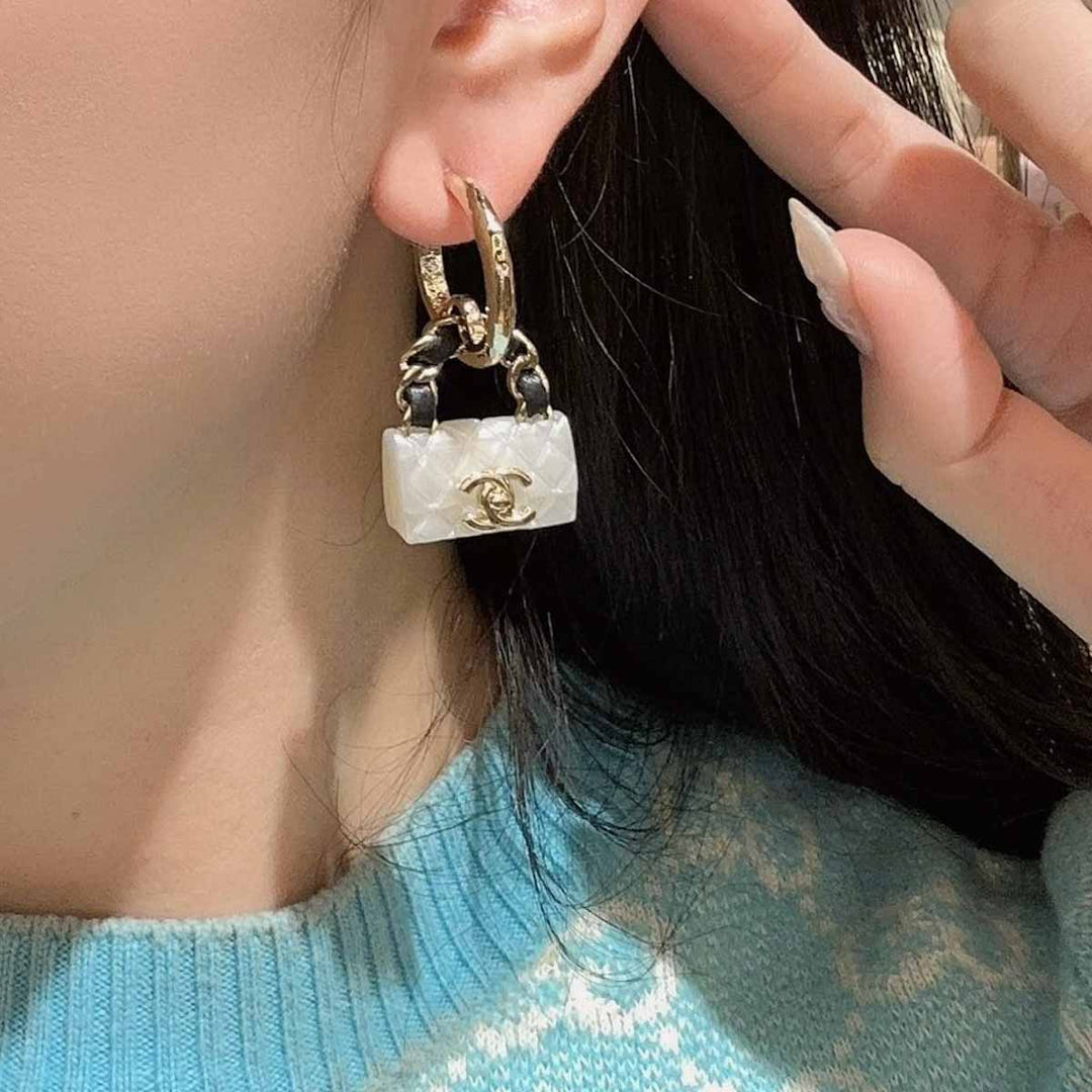 Chanel White Resin CF Bag Earrings