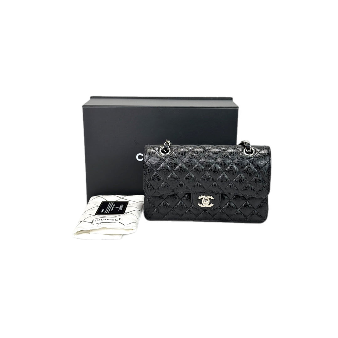 Chanel Small Classic Flap Bag Black Silver Caviar