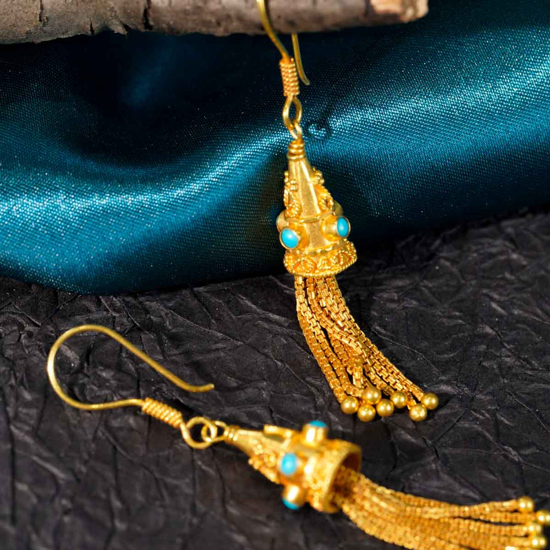 18k Solid Yellow Gold Dangle Earrings with Natural Turquoise Stone 8.6g