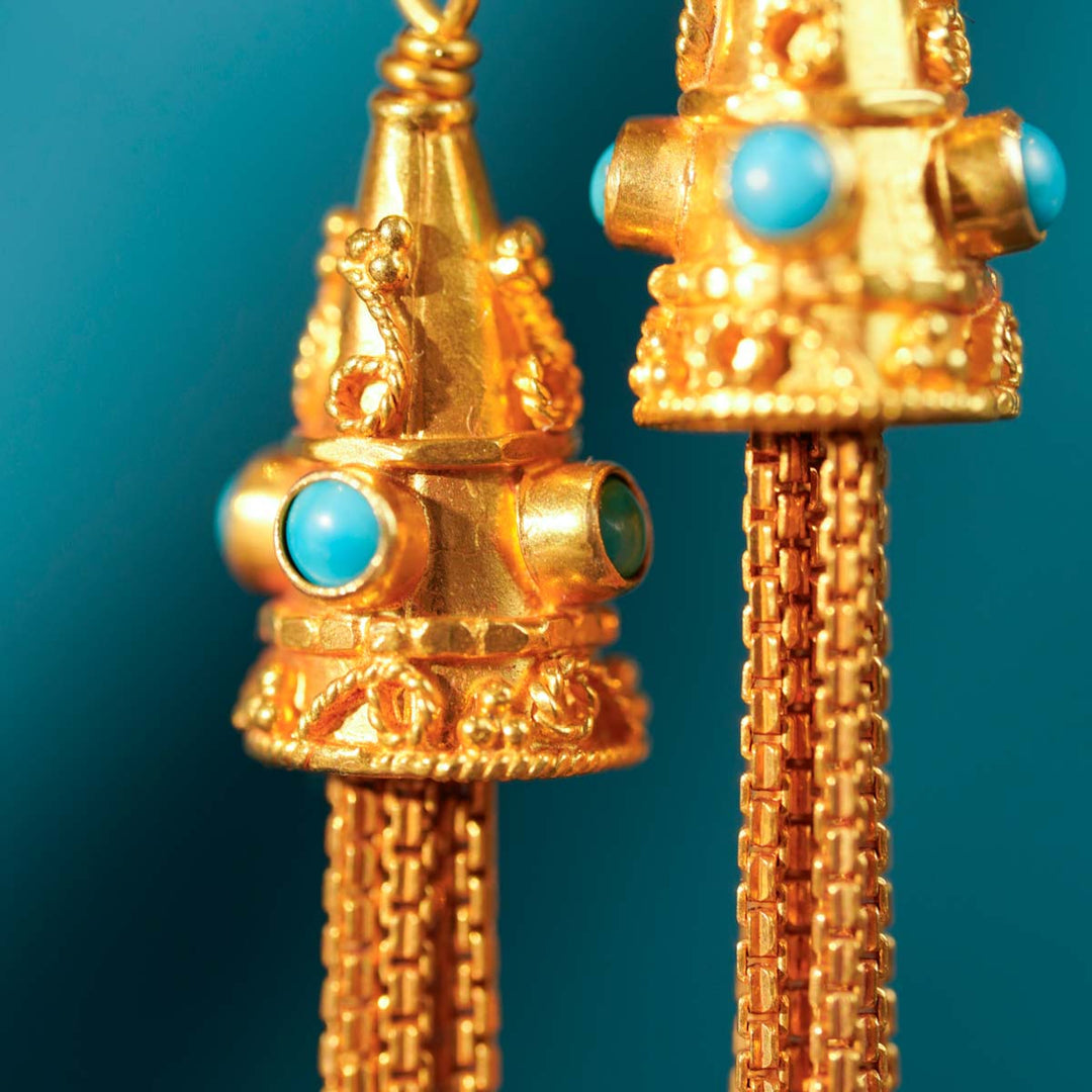 18k Solid Yellow Gold Dangle Earrings with Natural Turquoise Stone 8.6g