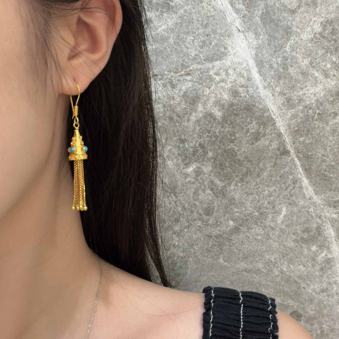 18k Solid Yellow Gold Dangle Earrings with Natural Turquoise Stone 8.6g