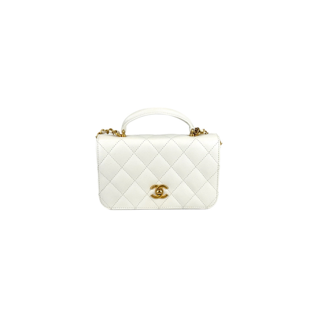 Chanel Mini Bag with Top Handle White Caviar Gold