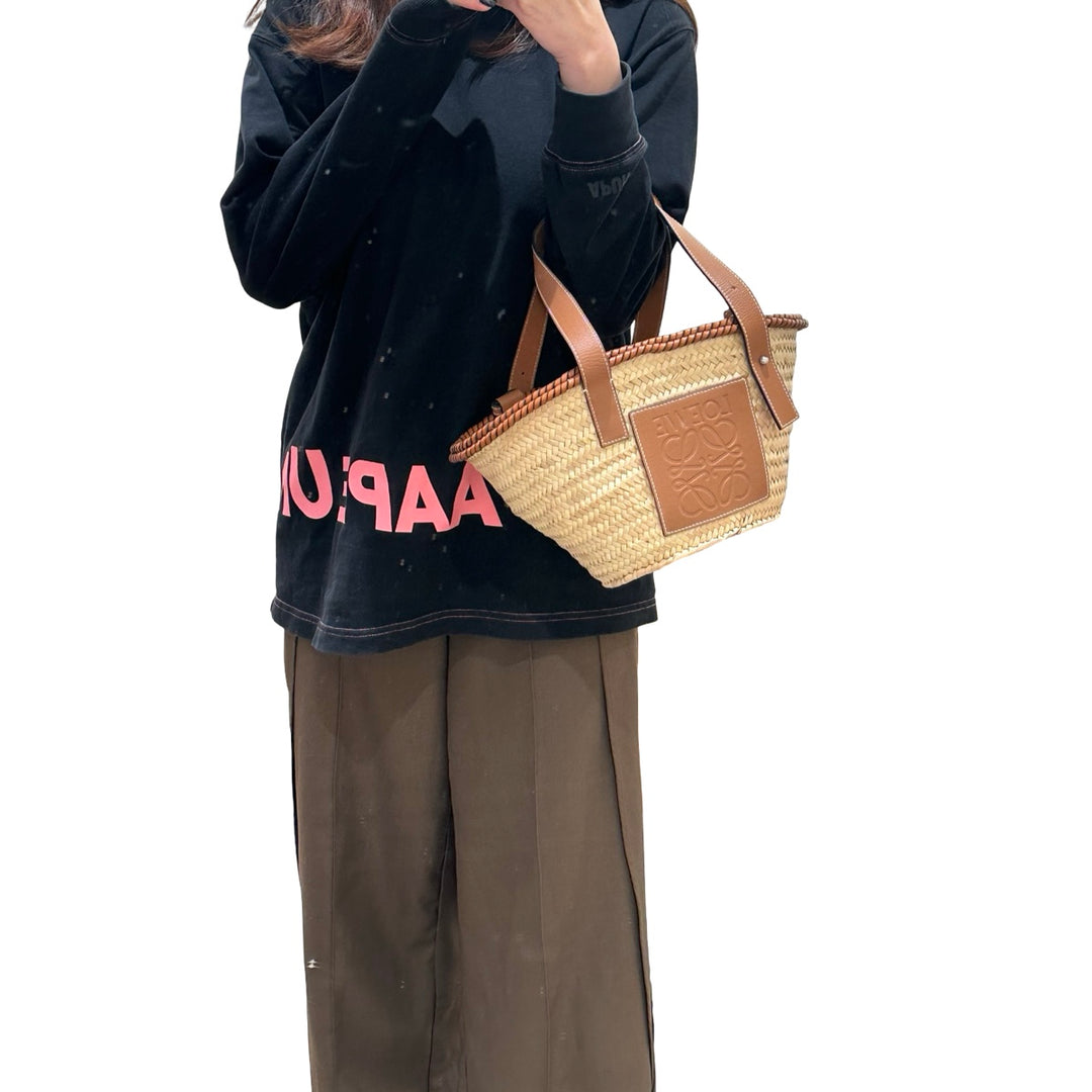 Loewe Basket Bag In Palm Leaf And Calfskin