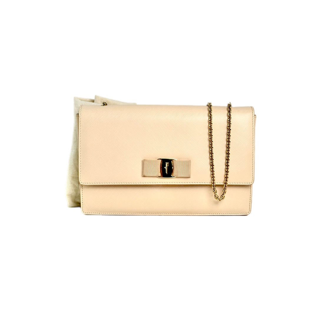 Ferragamo Nude Pink Bow Wallet on Chain Bag
