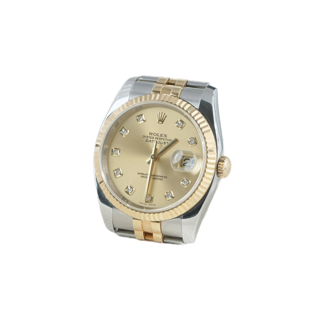 Rolex Datejust 36mm Two-Tone Yellow Gold Diamond Auto Watch
