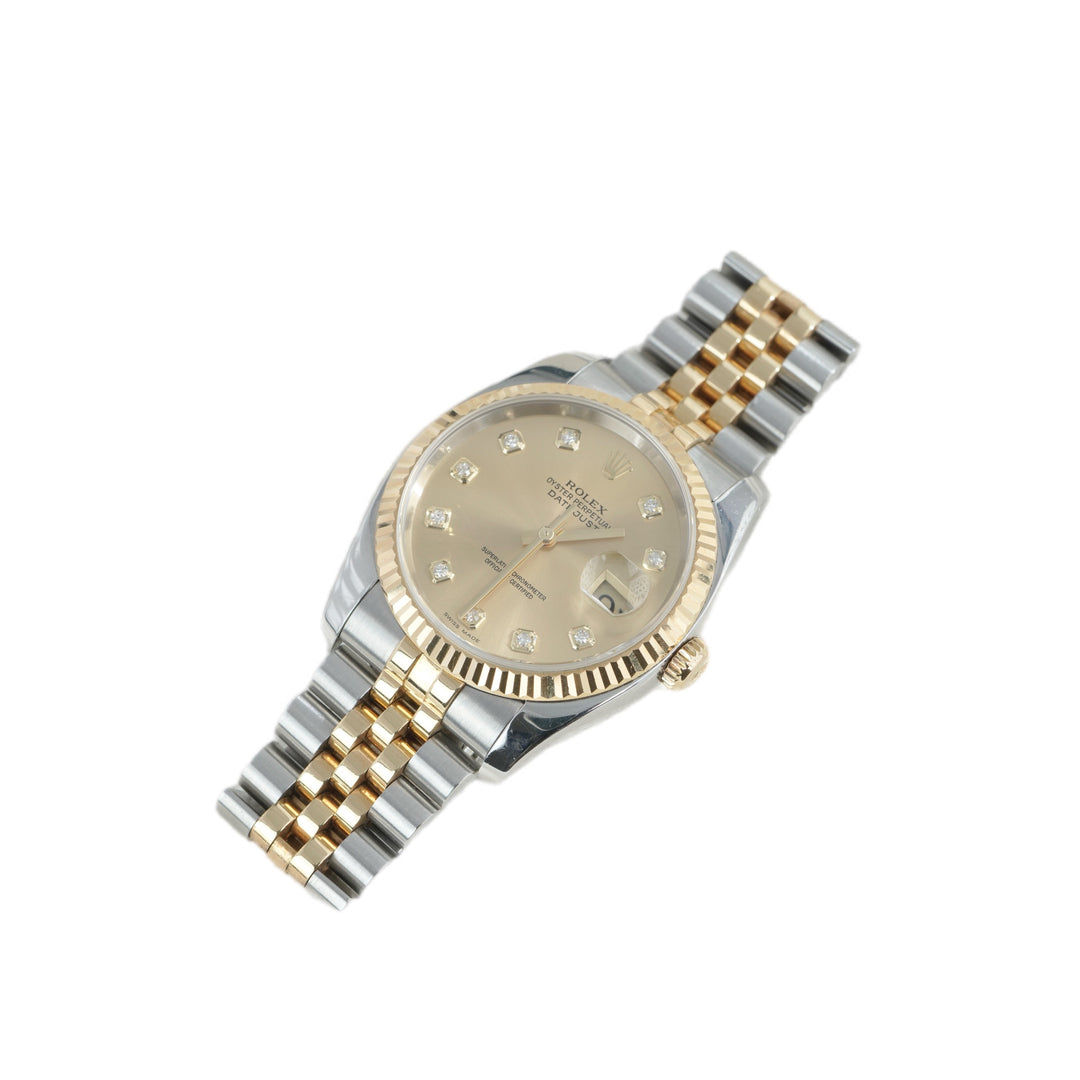 Rolex Datejust 36mm Two-Tone Yellow Gold Diamond Auto Watch