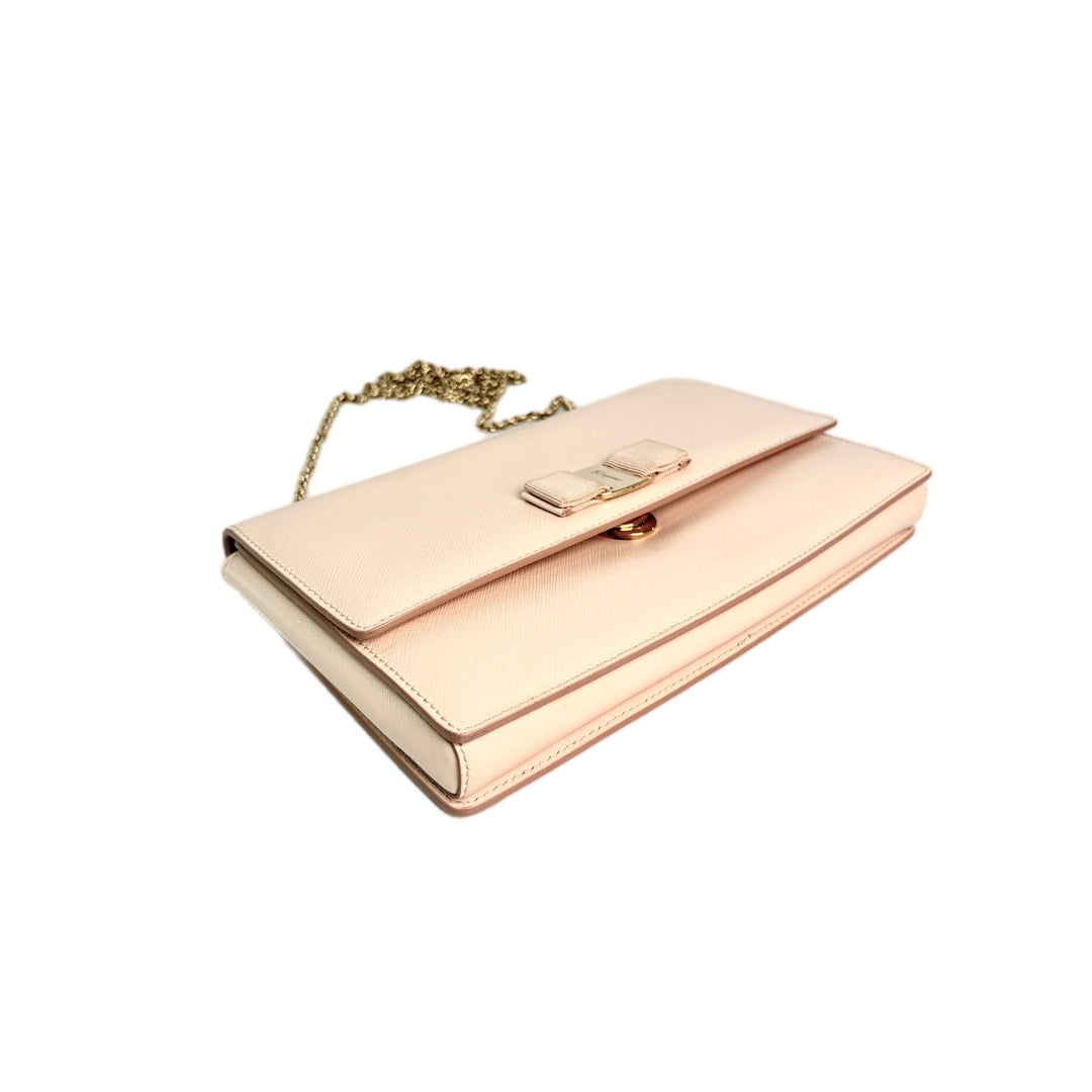 Ferragamo Nude Pink Bow Wallet on Chain Bag