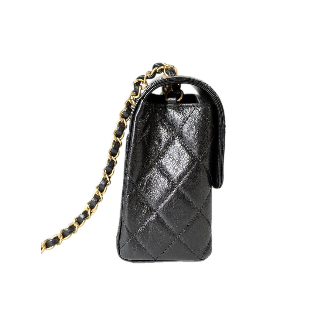 Chanel Classic Flap Mini Square Bag Calfskin Black Gold