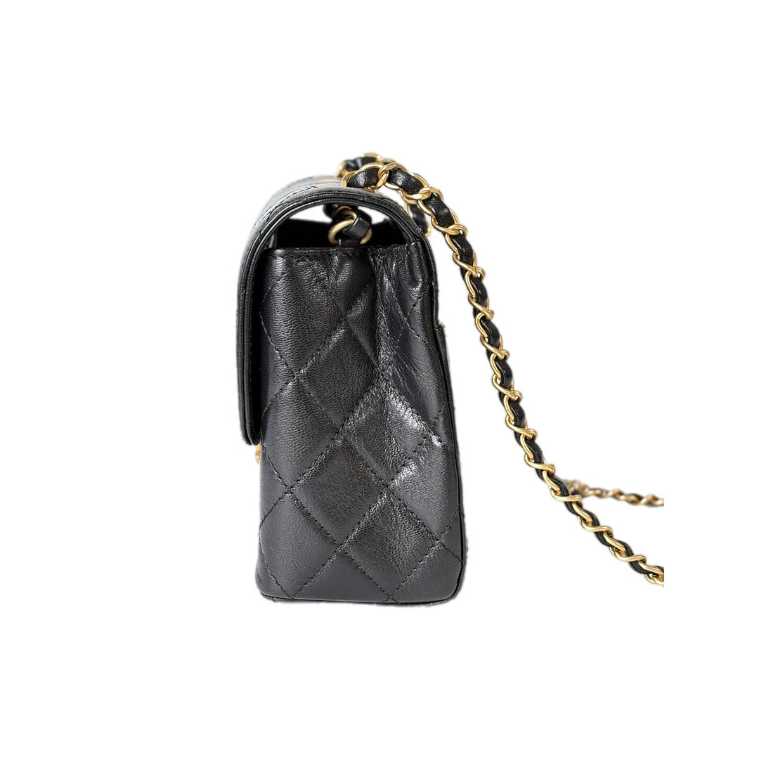 Chanel Classic Flap Mini Square Bag Calfskin Black Gold