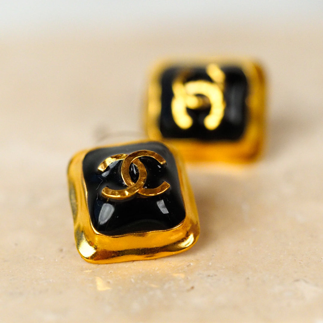 Chanel Black/Gold Sugar Cube  Earring