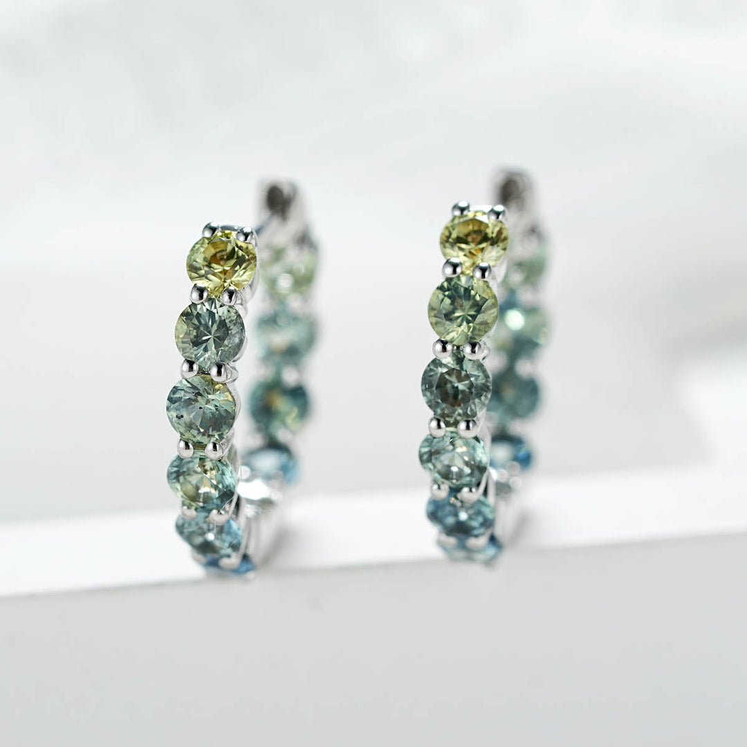 Natural Multi-colored Green Blue Round Sapphire Hoop Earrings D1.57ct. 18K