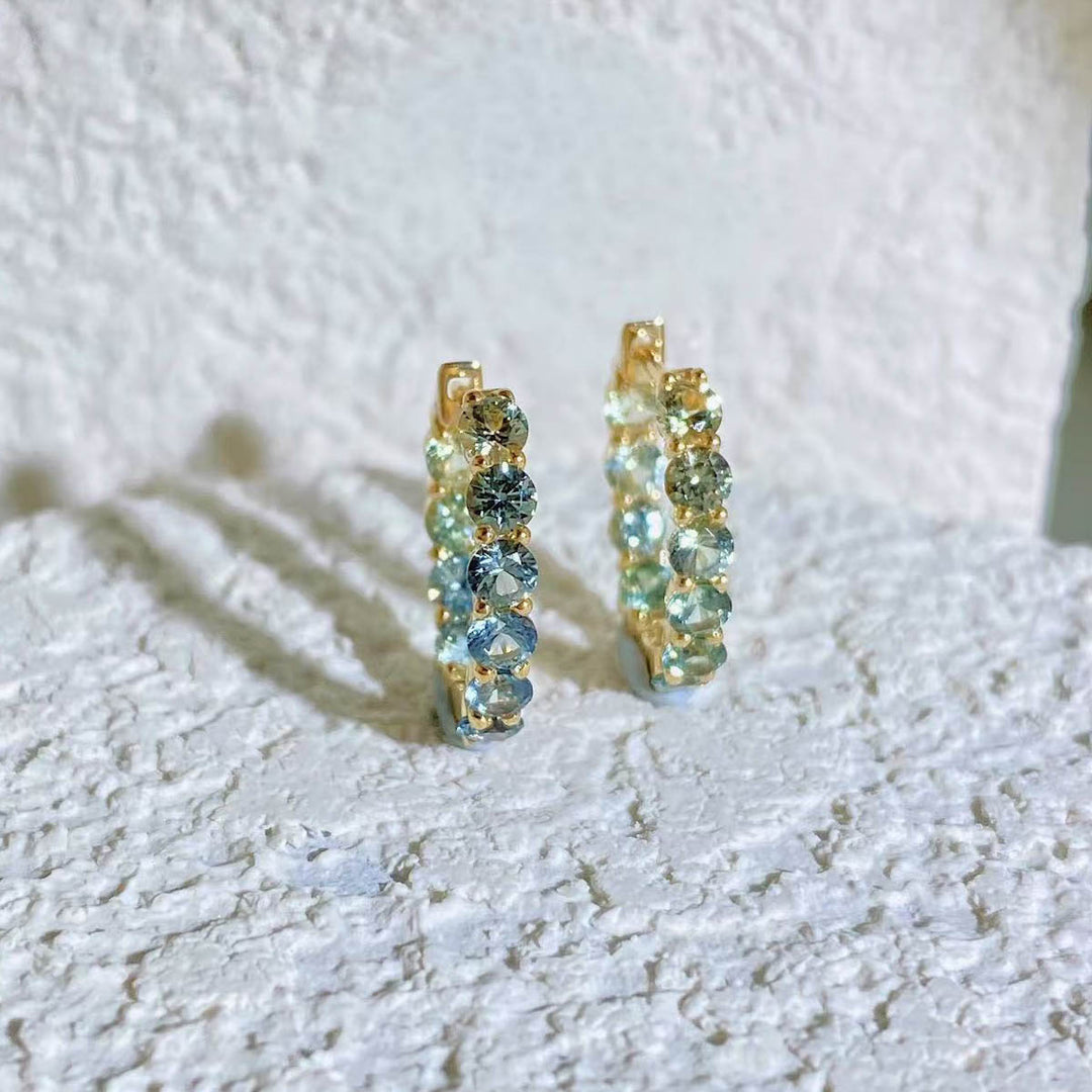 Natural Multi-colored Green Blue Round Sapphire Hoop Earrings D1.57ct. 18K