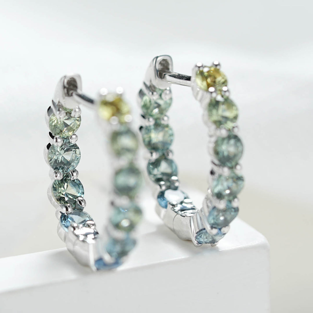 Natural Multi-colored Green Blue Round Sapphire Hoop Earrings D1.57ct. 18K