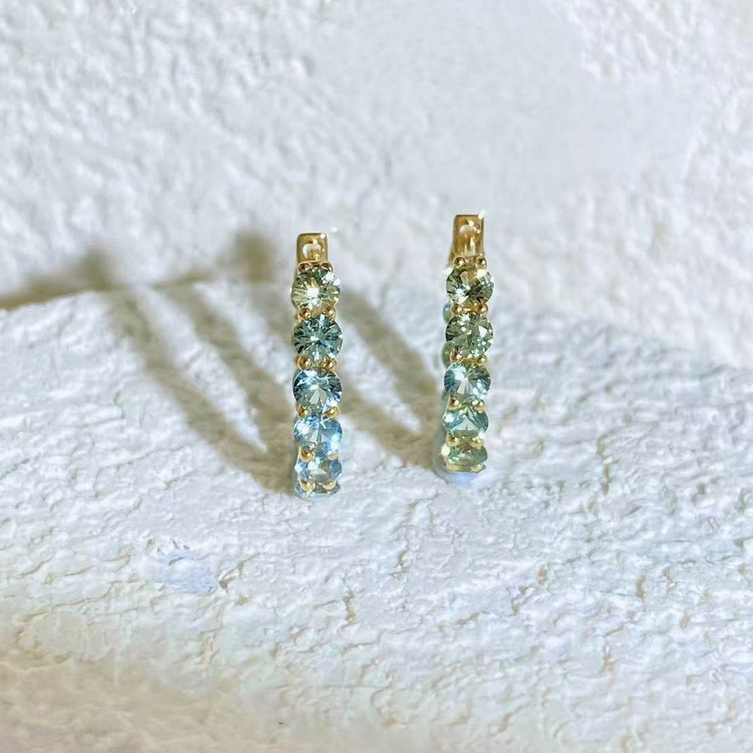 Natural Multi-colored Green Blue Round Sapphire Hoop Earrings D1.57ct. 18K