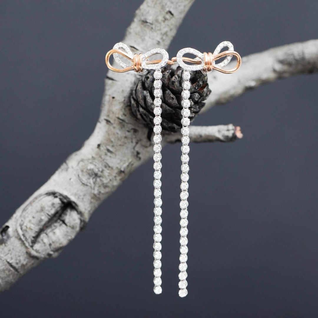 Natural White Diamond Stone Bowknot Long Tassel Dangle Earrings D0.5ct—18K Gold