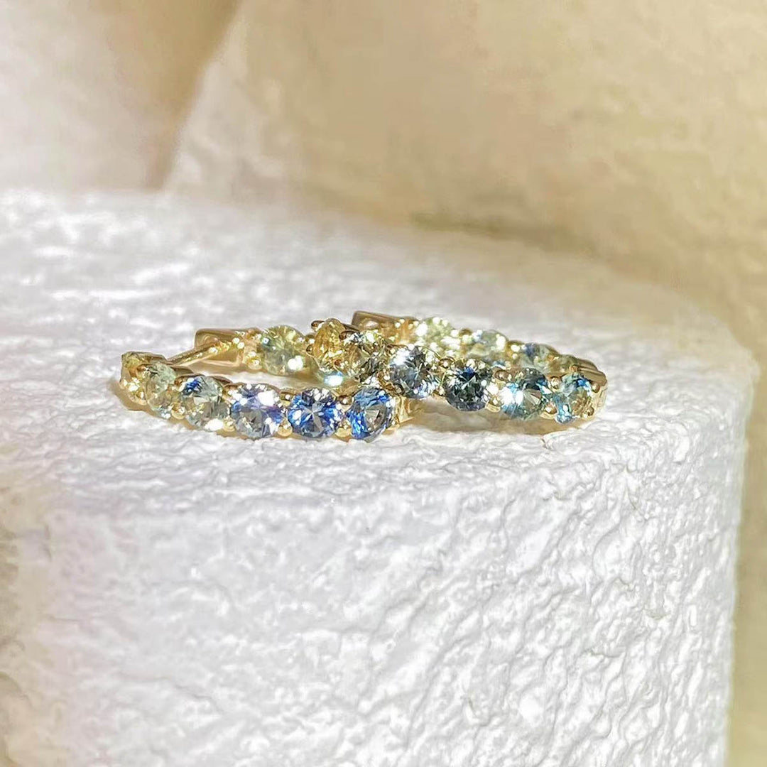 Natural Multi-colored Green Blue Round Sapphire Hoop Earrings D1.57ct. 18K
