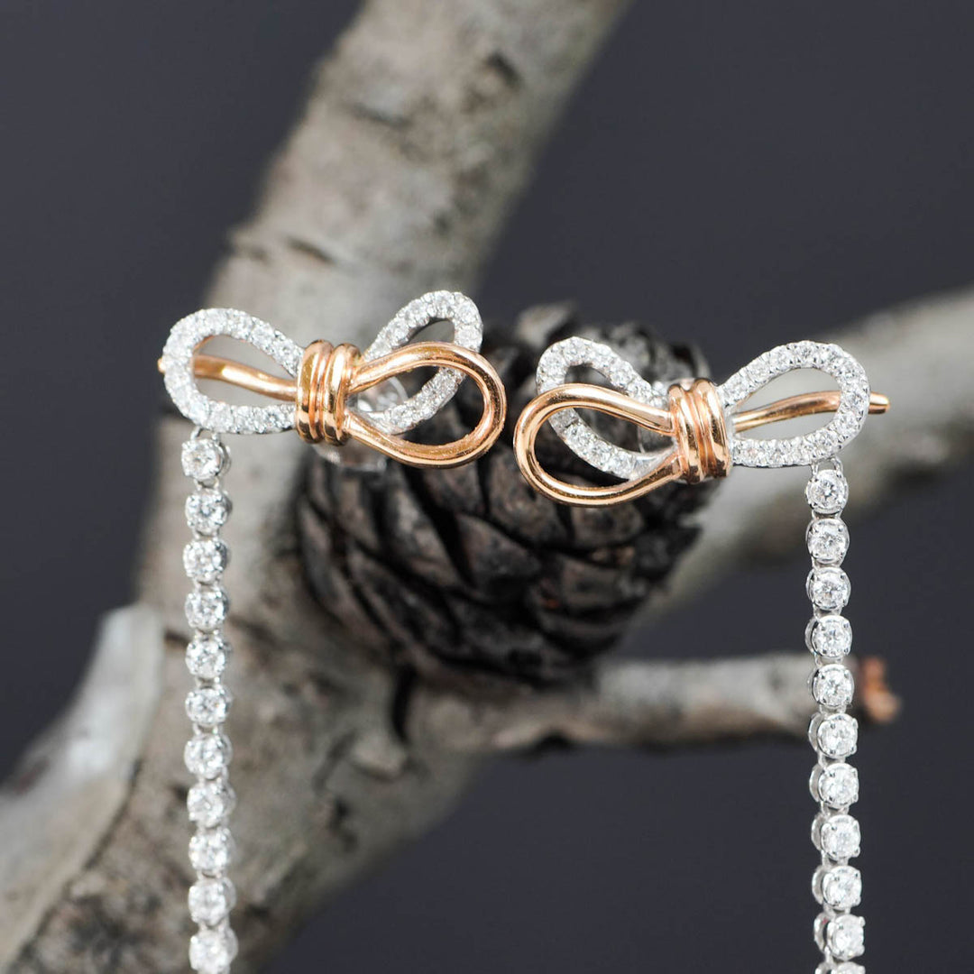 Natural White Diamond Stone Bowknot Long Tassel Dangle Earrings D0.5ct—18K Gold