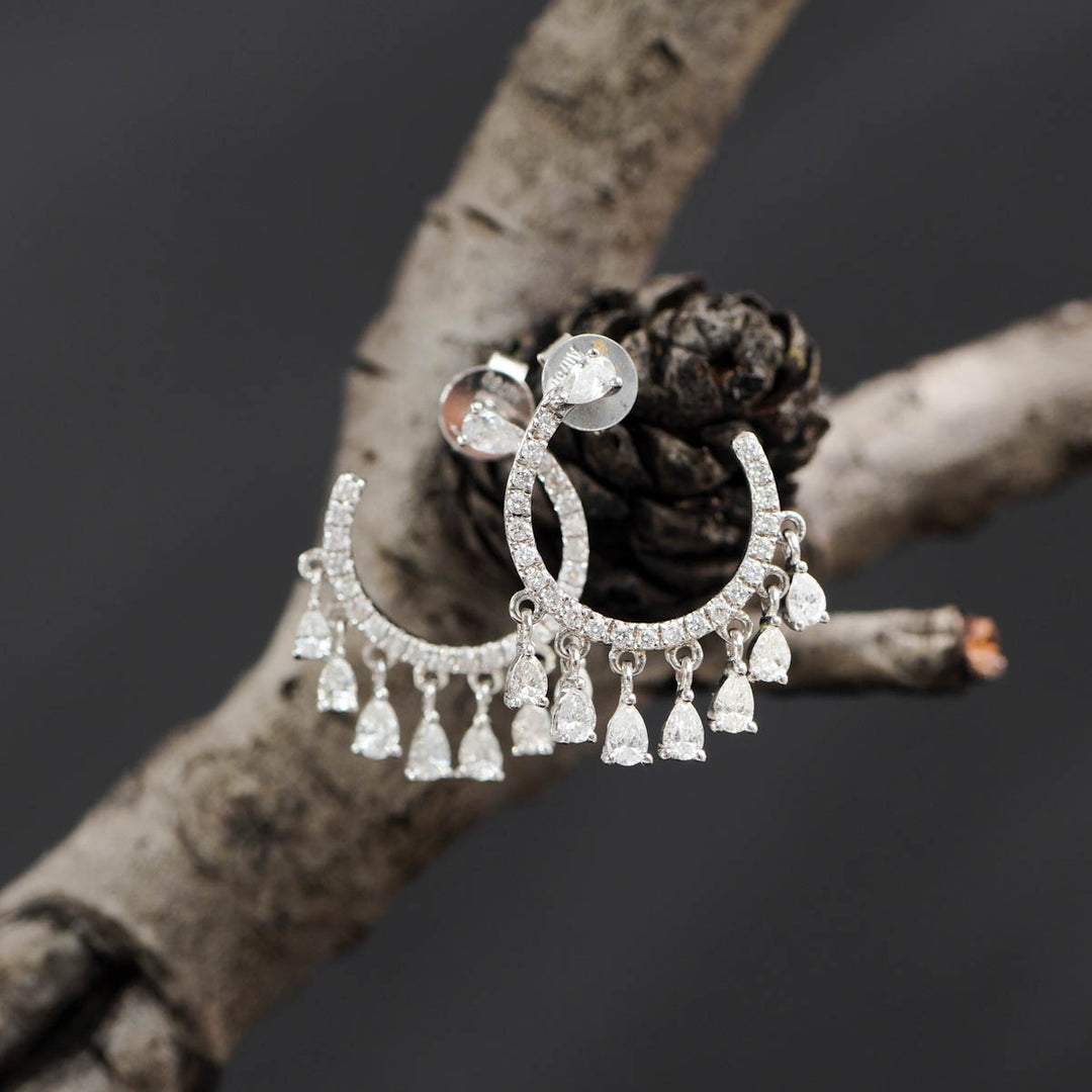 Natural White Diamond Stone C-shape Tassel Earrings D0.80ct —18K Gold