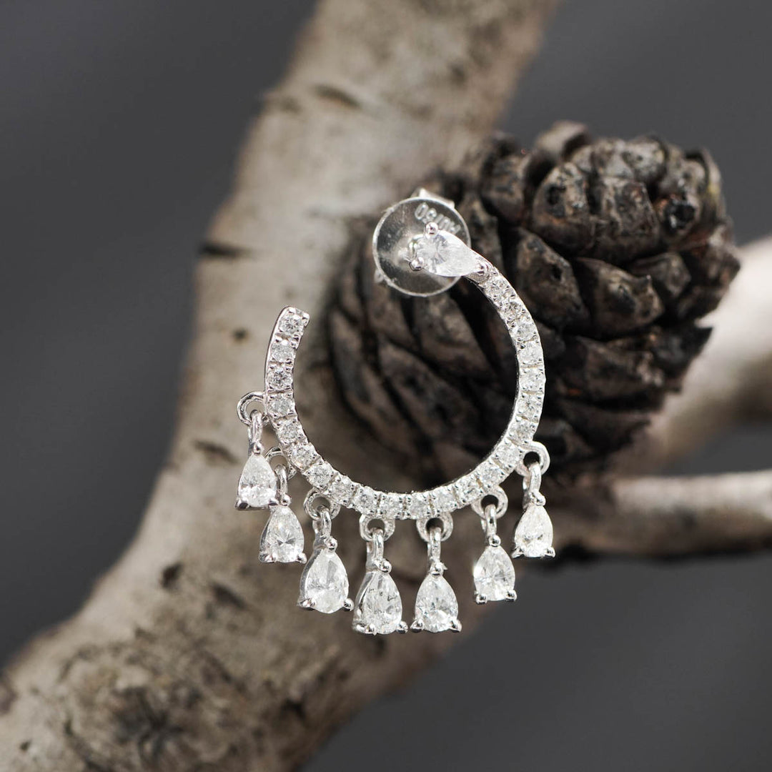 Natural White Diamond Stone C-shape Tassel Earrings D0.80ct —18K Gold