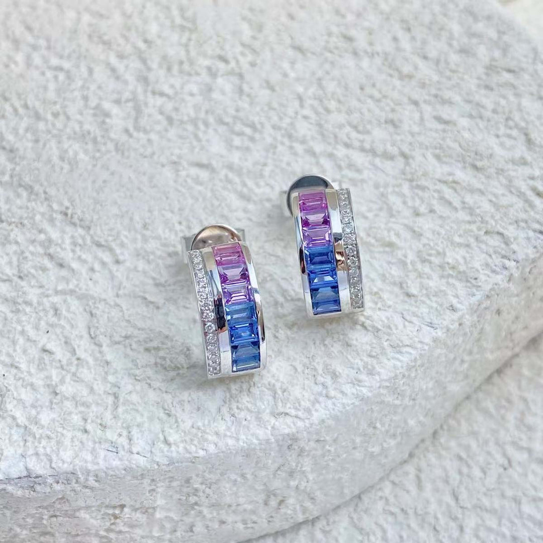 Natural Multi-colored Blue Purple Emerald Cut Sapphire Earrings D1.42ct d0.1ct. 18K