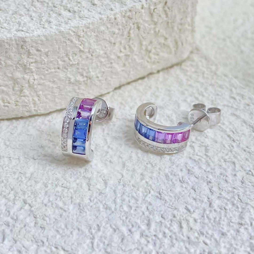 Natural Multi-colored Blue Purple Emerald Cut Sapphire Earrings D1.42ct d0.1ct. 18K