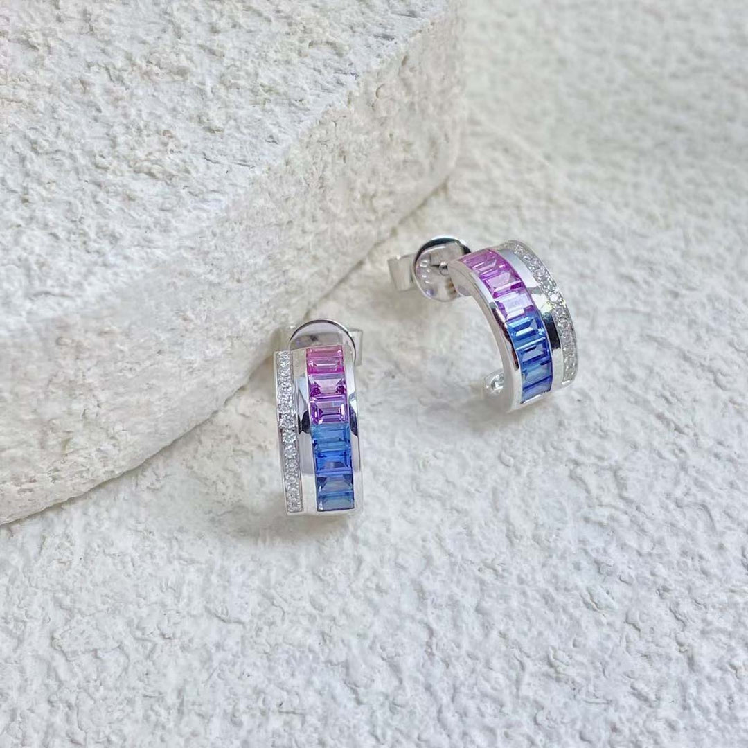 Natural Multi-colored Blue Purple Emerald Cut Sapphire Earrings D1.42ct d0.1ct. 18K