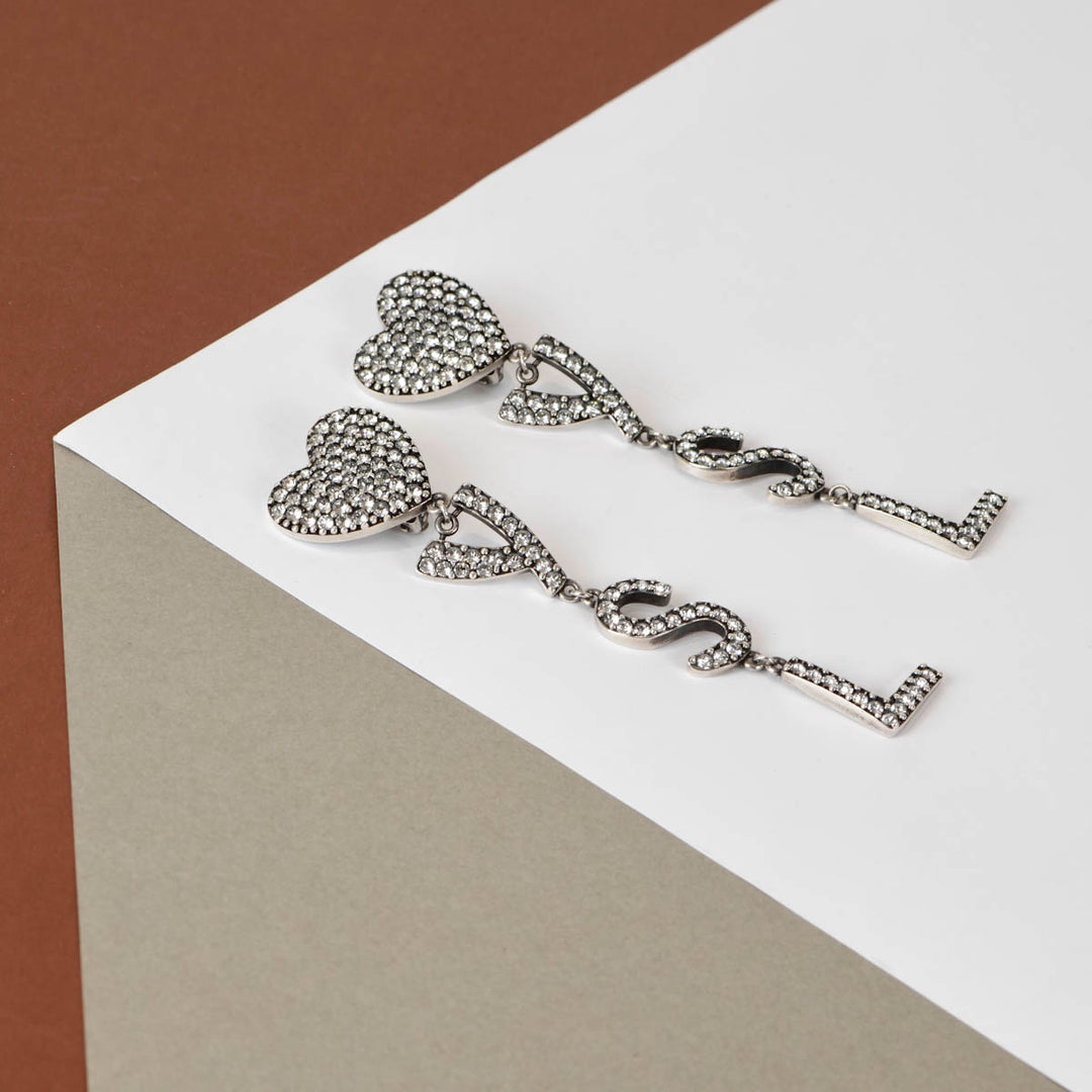 YSL Crystal Heart Drop Clip-on Earrings