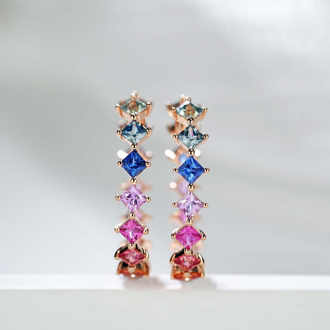 Natural Multi-colored Sapphire Princess Cut Hoop Earrings D2.01ct. 18K