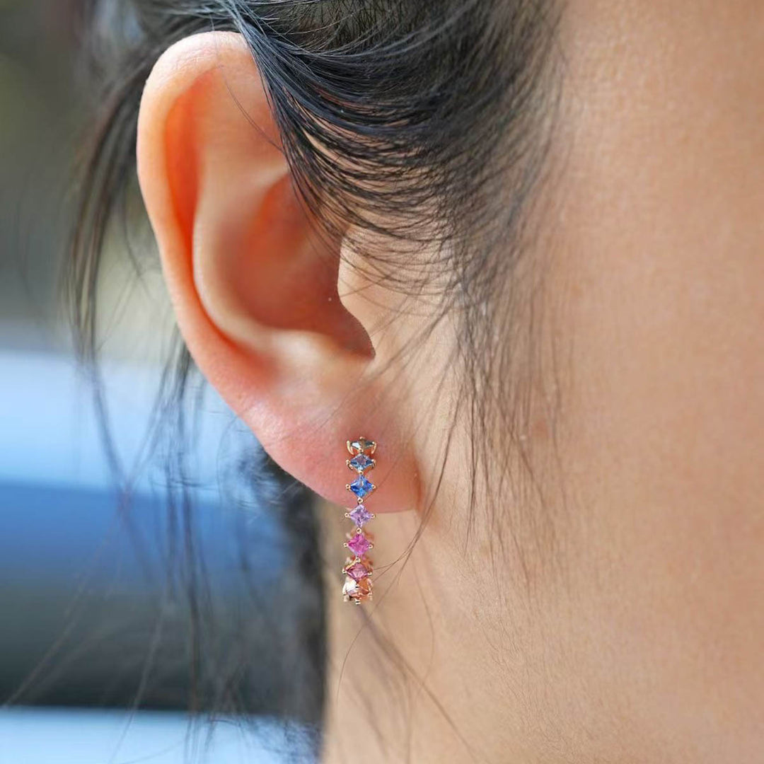 Natural Multi-colored Sapphire Princess Cut Hoop Earrings D2.01ct. 18K