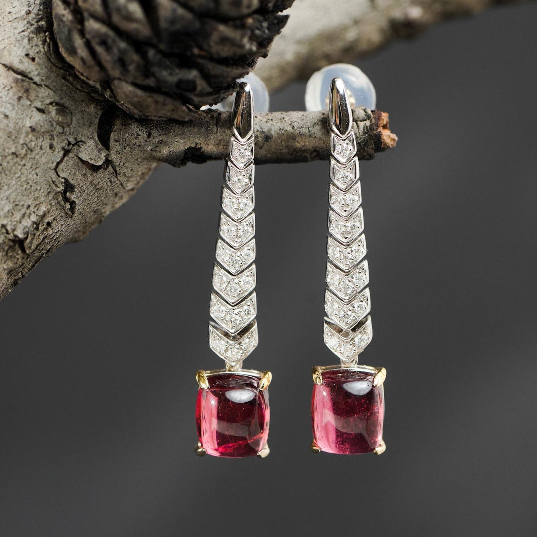 Natural Cabochon Tourmaline Stone Rubellite Serpenti Drop Earrings 2.43ct Diamond 0.134ct —18K Gold
