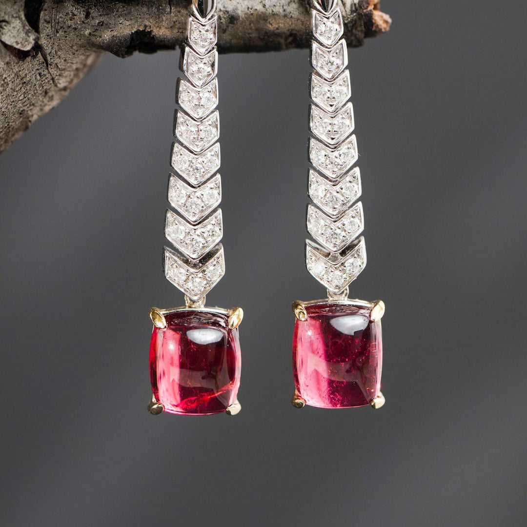 Natural Cabochon Tourmaline Stone Rubellite Serpenti Drop Earrings 2.43ct Diamond 0.134ct —18K Gold