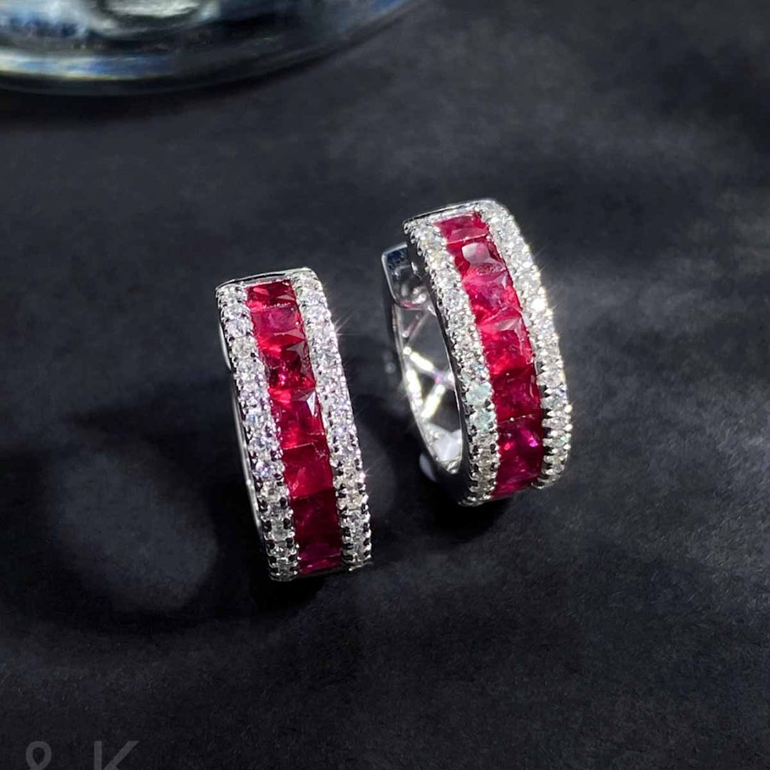 Natural Ruby Hoop Diamond Earrings D:1.26ct d0.26ct 18K Gold