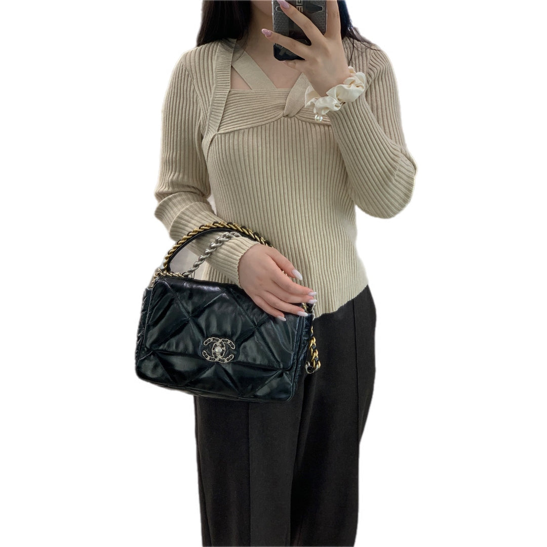 Chanel 19 Bag Small Black Silver Shiny Calfskin