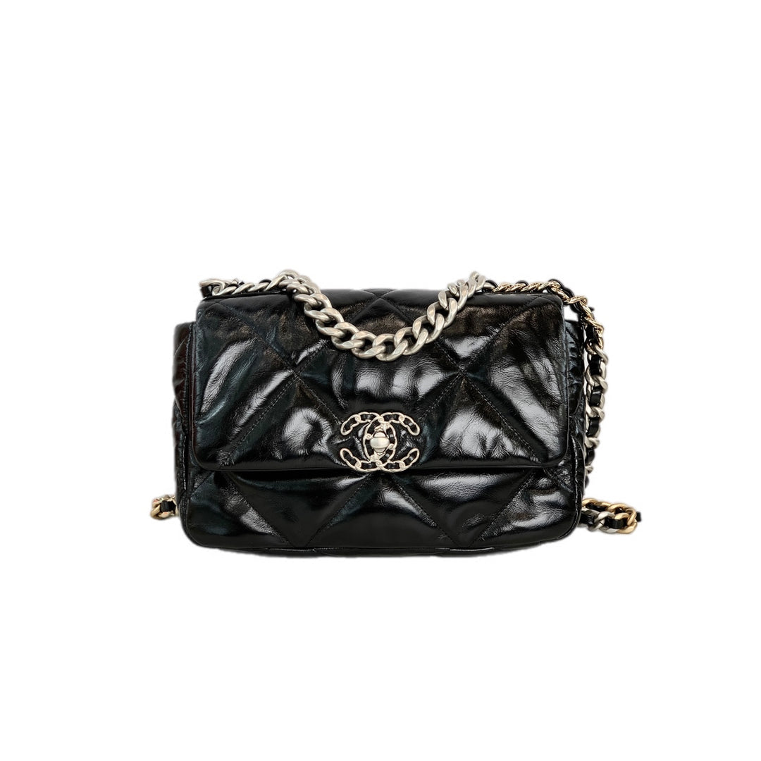 Chanel 19 Bag Small Black Silver Shiny Calfskin