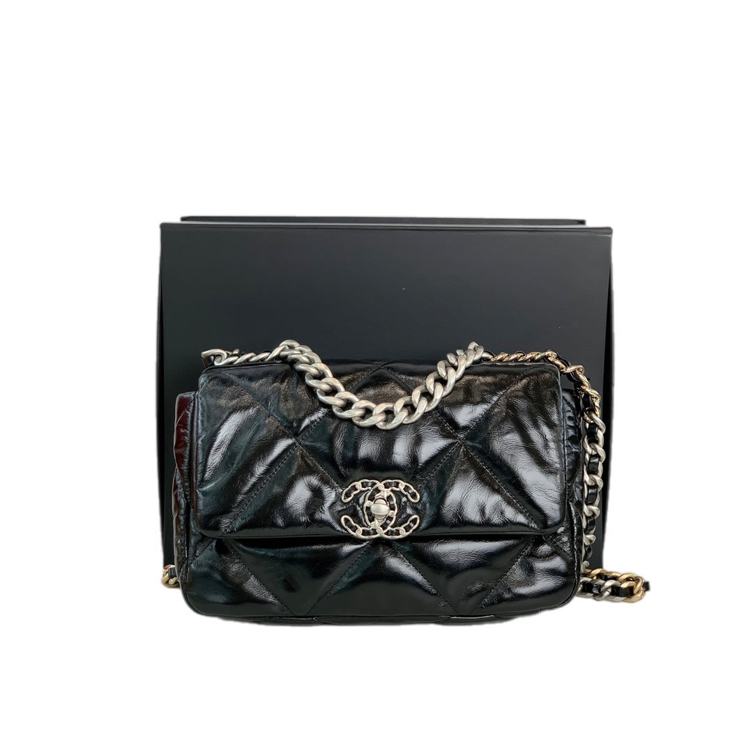 Chanel 19 Bag Small Black Silver Shiny Calfskin