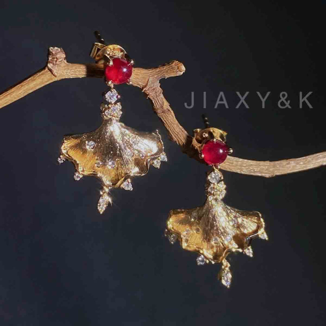 Natural Ruby Fan-shaped Diamond Earrings D:0.52ct d:0.18ct 18K Gold