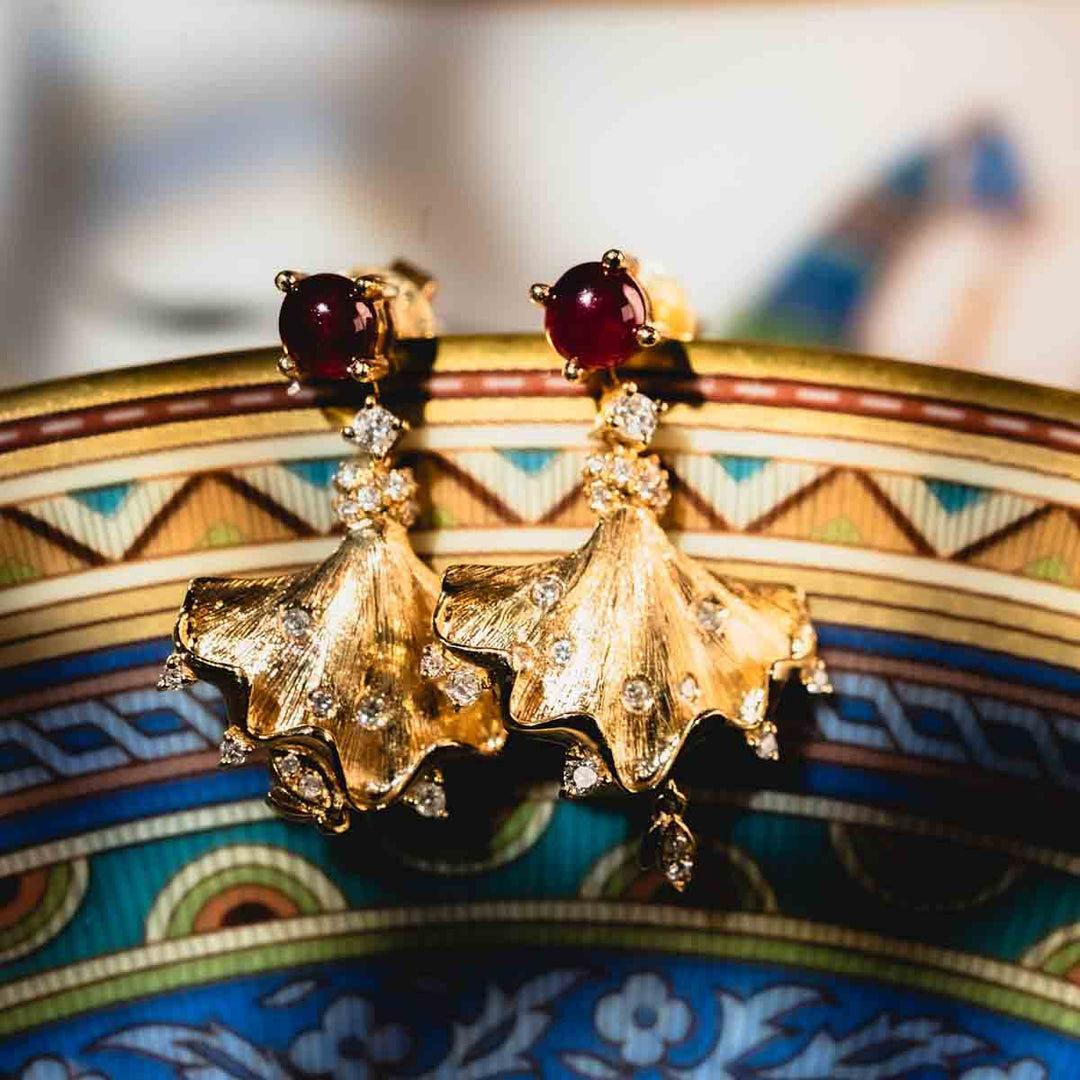 Natural Ruby Fan-shaped Diamond Earrings D:0.52ct d:0.18ct 18K Gold
