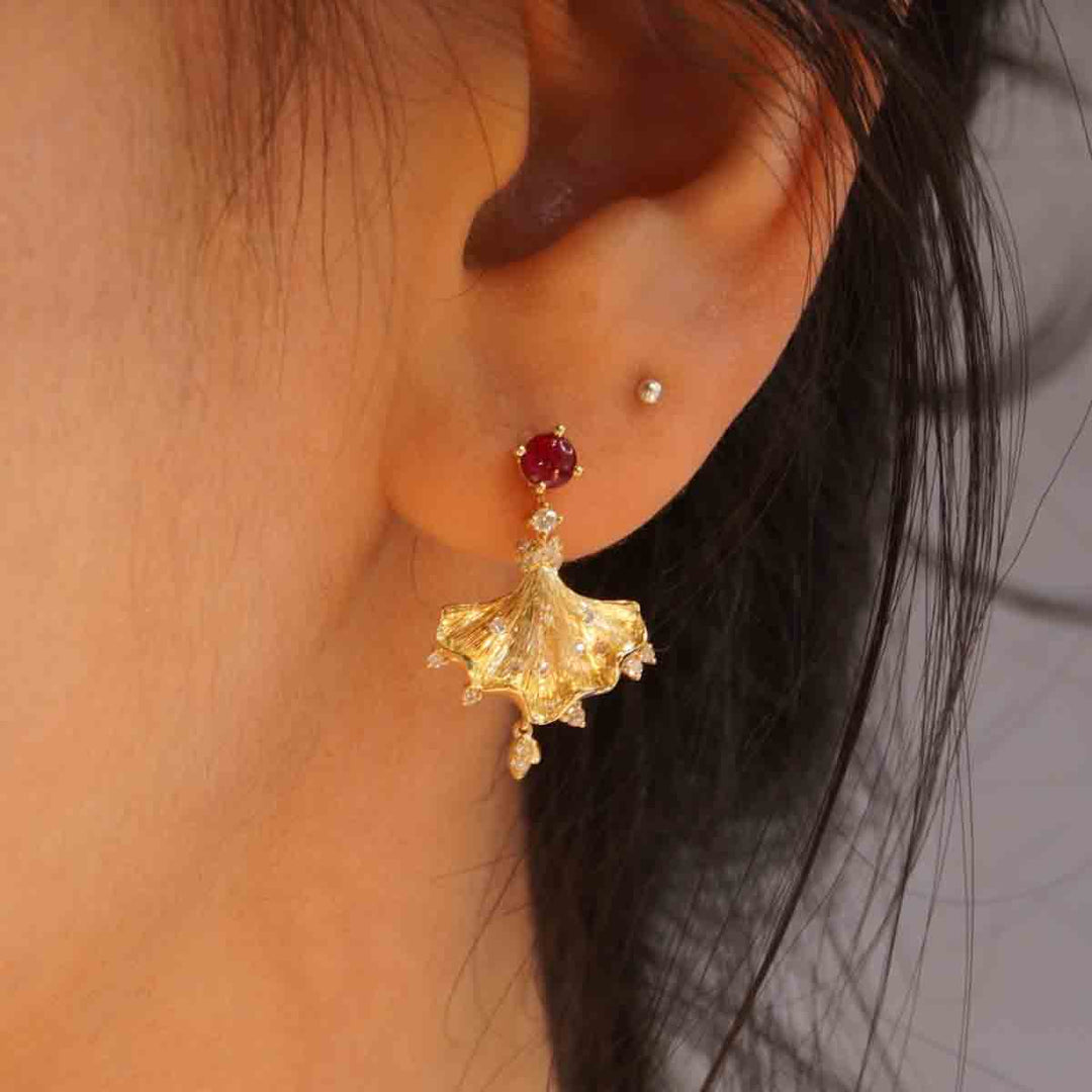Natural Ruby Fan-shaped Diamond Earrings D:0.52ct d:0.18ct 18K Gold