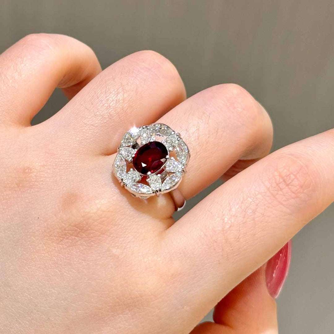 Mozambique Unheated Natural Vivid Ruby Stone Ring 2.10ct, Diamond 1.78ct 18K Gold
