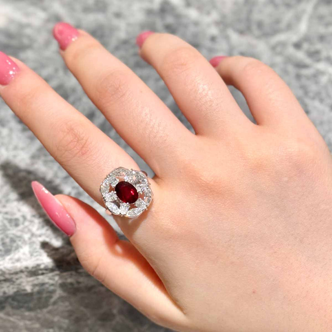 Mozambique Unheated Natural Vivid Ruby Stone Ring 2.10ct, Diamond 1.78ct 18K Gold