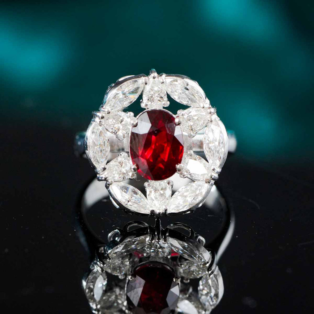 Mozambique Unheated Natural Vivid Ruby Stone Ring 2.10ct, Diamond 1.78ct 18K Gold