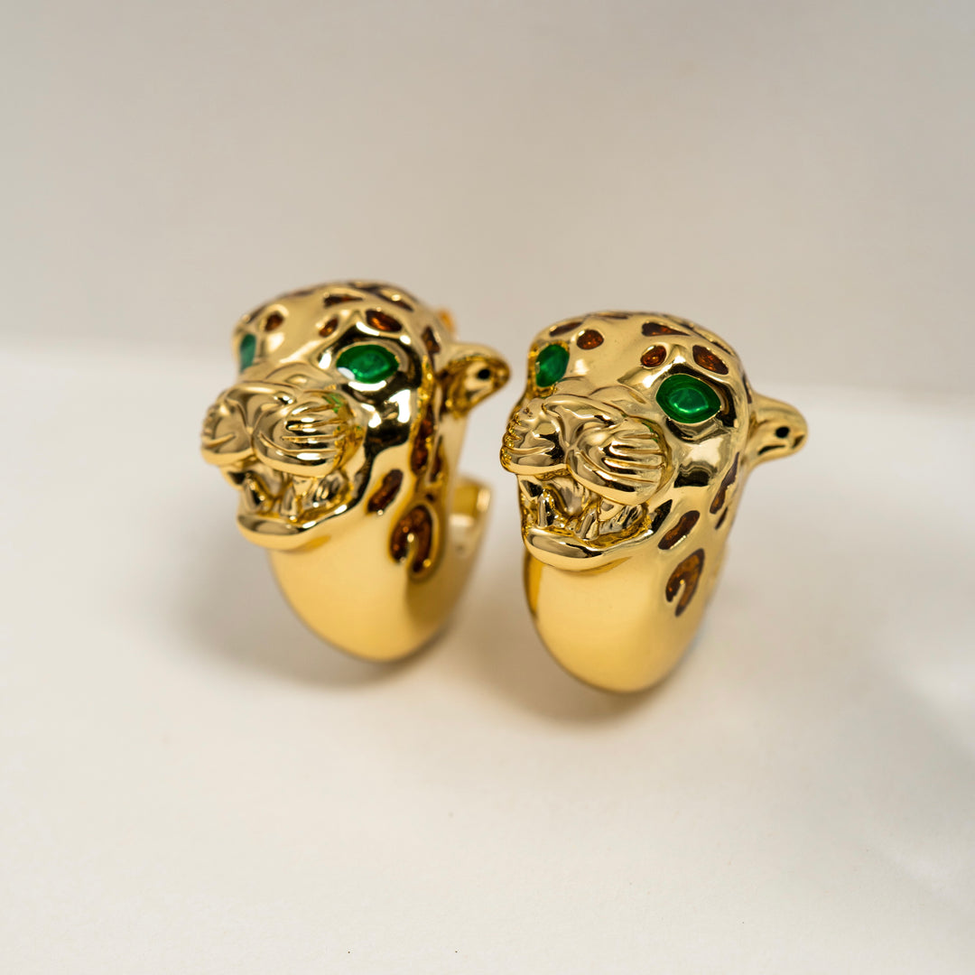 18K Solid Yellow Gold Panther Earrings,Made in Italy 3.35g