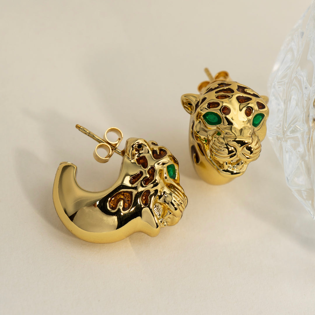 18K Solid Yellow Gold Panther Earrings,Made in Italy 3.35g