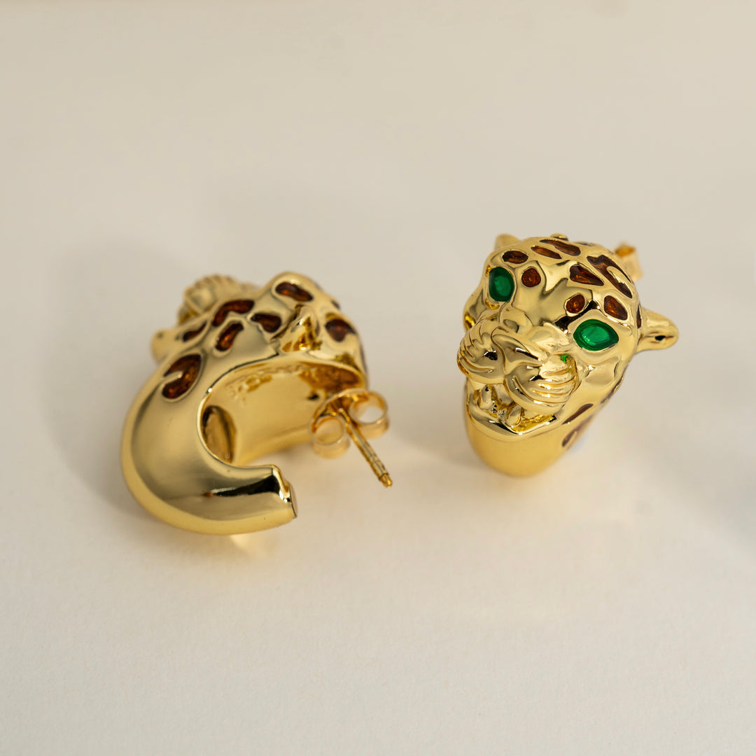18K Solid Yellow Gold Panther Earrings,Made in Italy 3.35g