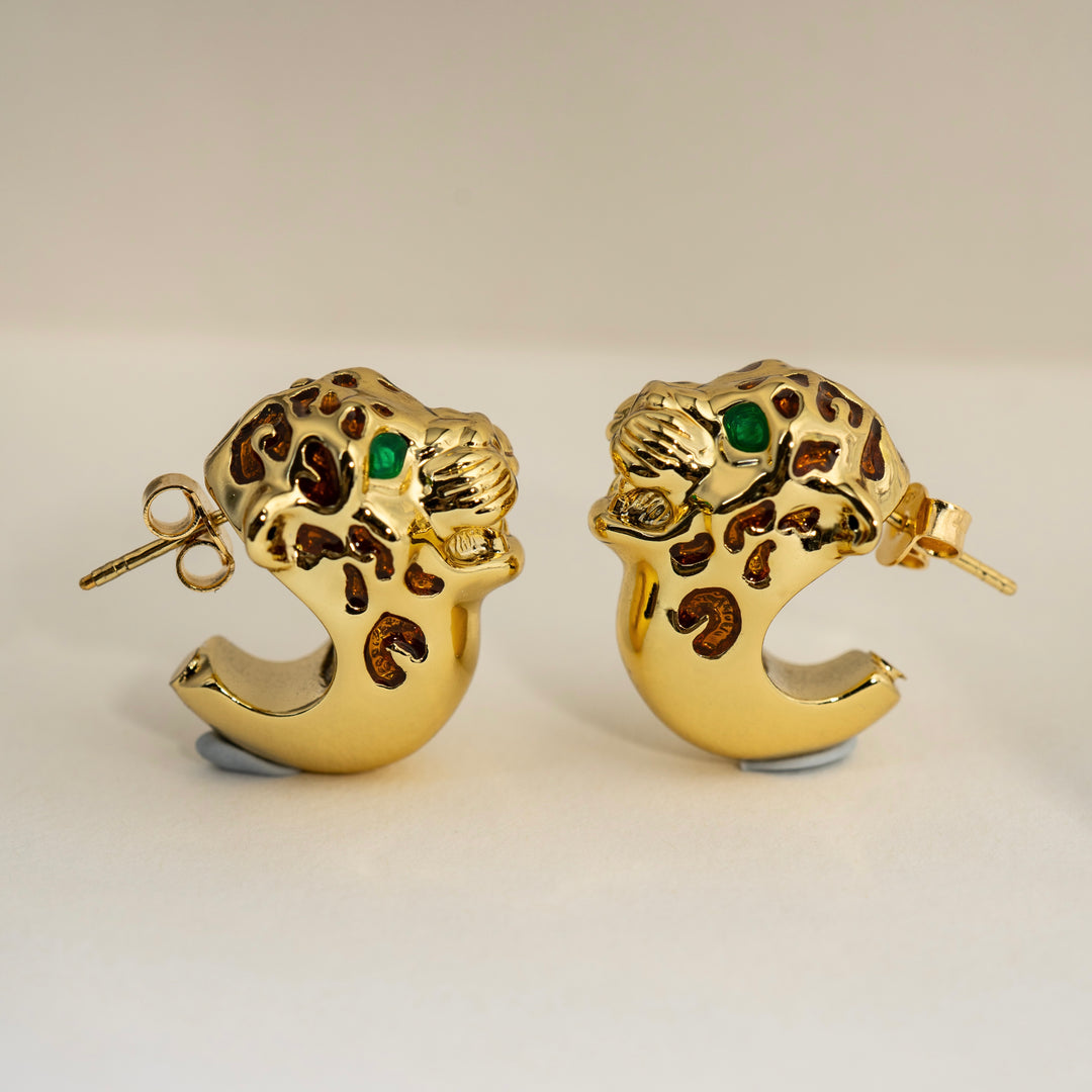 18K Solid Yellow Gold Panther Earrings,Made in Italy 3.35g