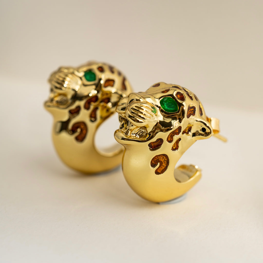18K Solid Yellow Gold Panther Earrings,Made in Italy 3.35g