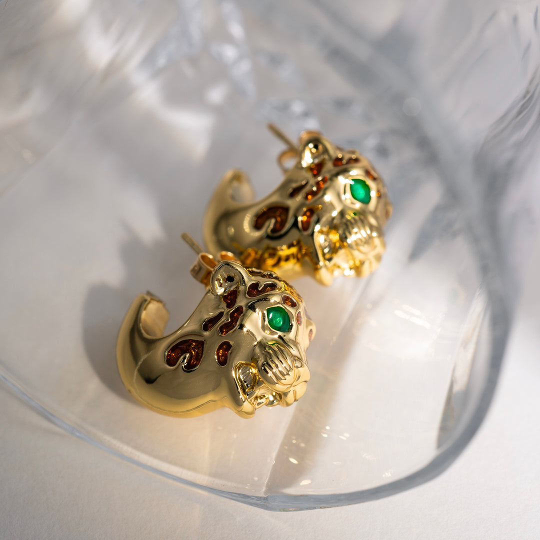 18K Solid Yellow Gold Panther Earrings,Made in Italy 3.35g