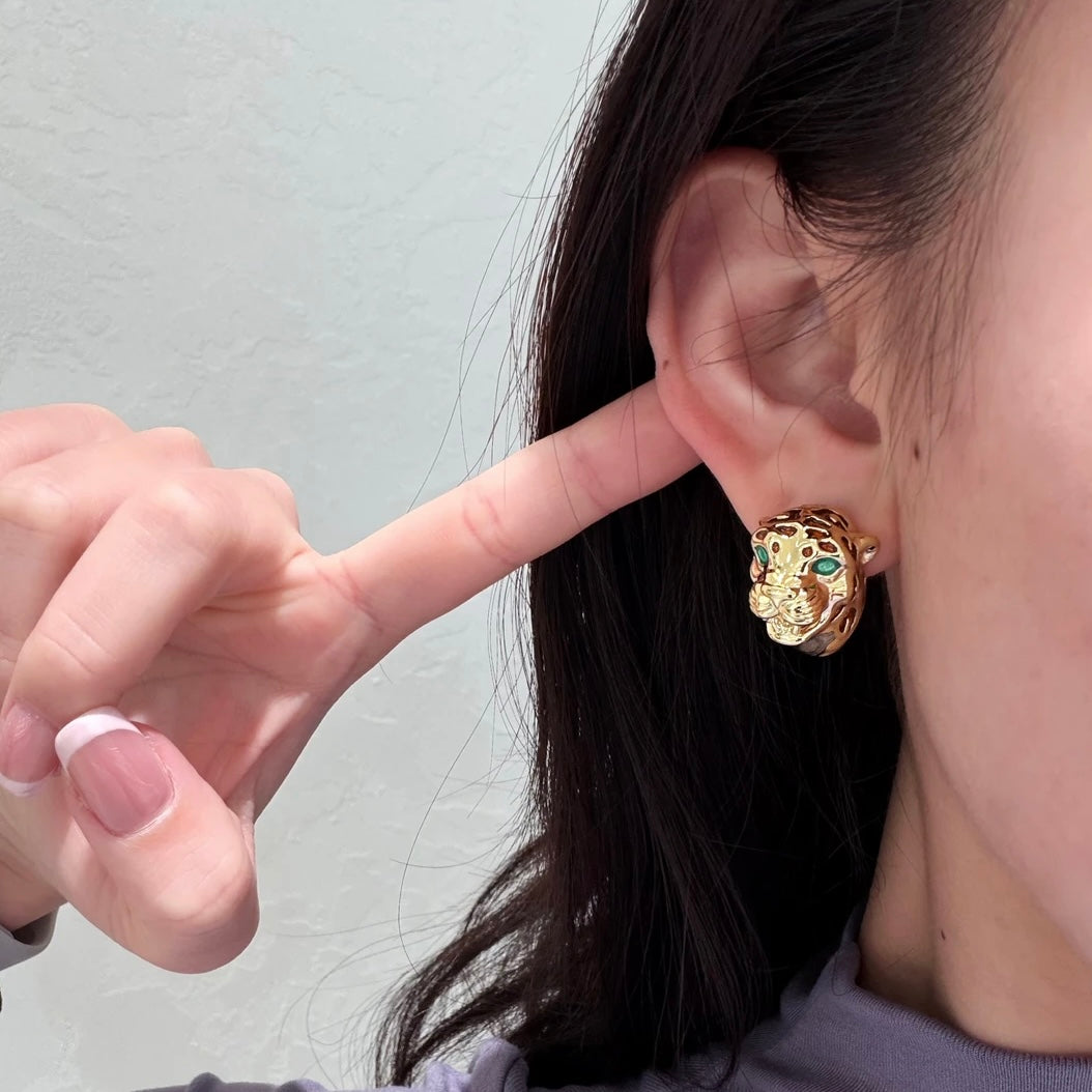 18K Solid Yellow Gold Panther Earrings,Made in Italy 3.35g