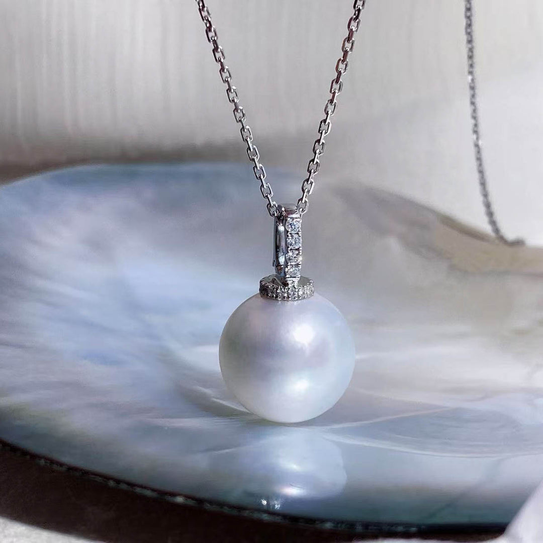 Natural South Sea White Pearl Diamond Necklace 13.3mm d0.104ct,18K